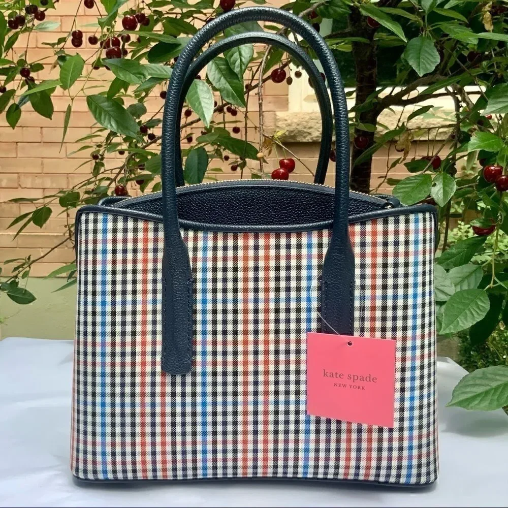 KATE SPADE MARGAUX MEDIUM SATCHEL HANDBAG IN BLUE RED BLACK PLAID + LEATHER TRIM